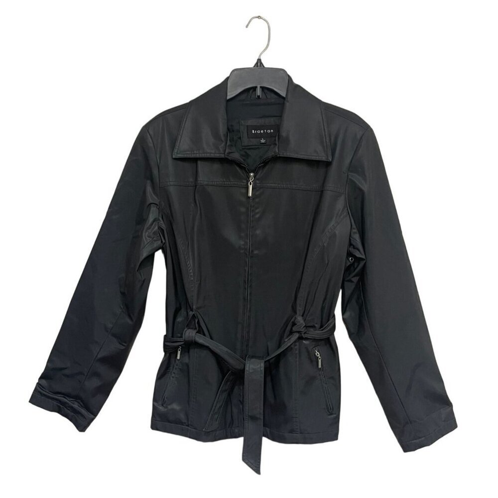 Braetan‎ Womens Black All-Weather Jacket/Coat Belted Full zip Size L *TINY FLAW*
